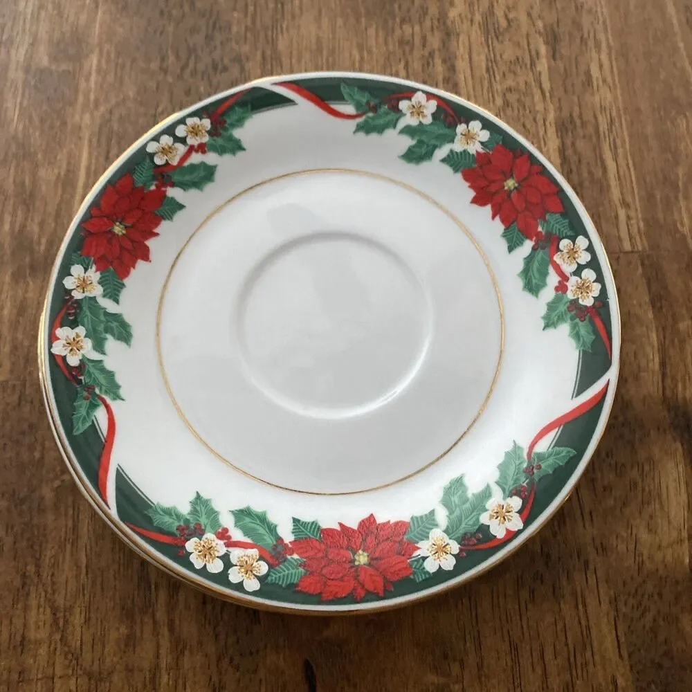 6 Vintage Poinsettia Christmas Saucer Plates Tienshan Fine China Deck Halls 6”